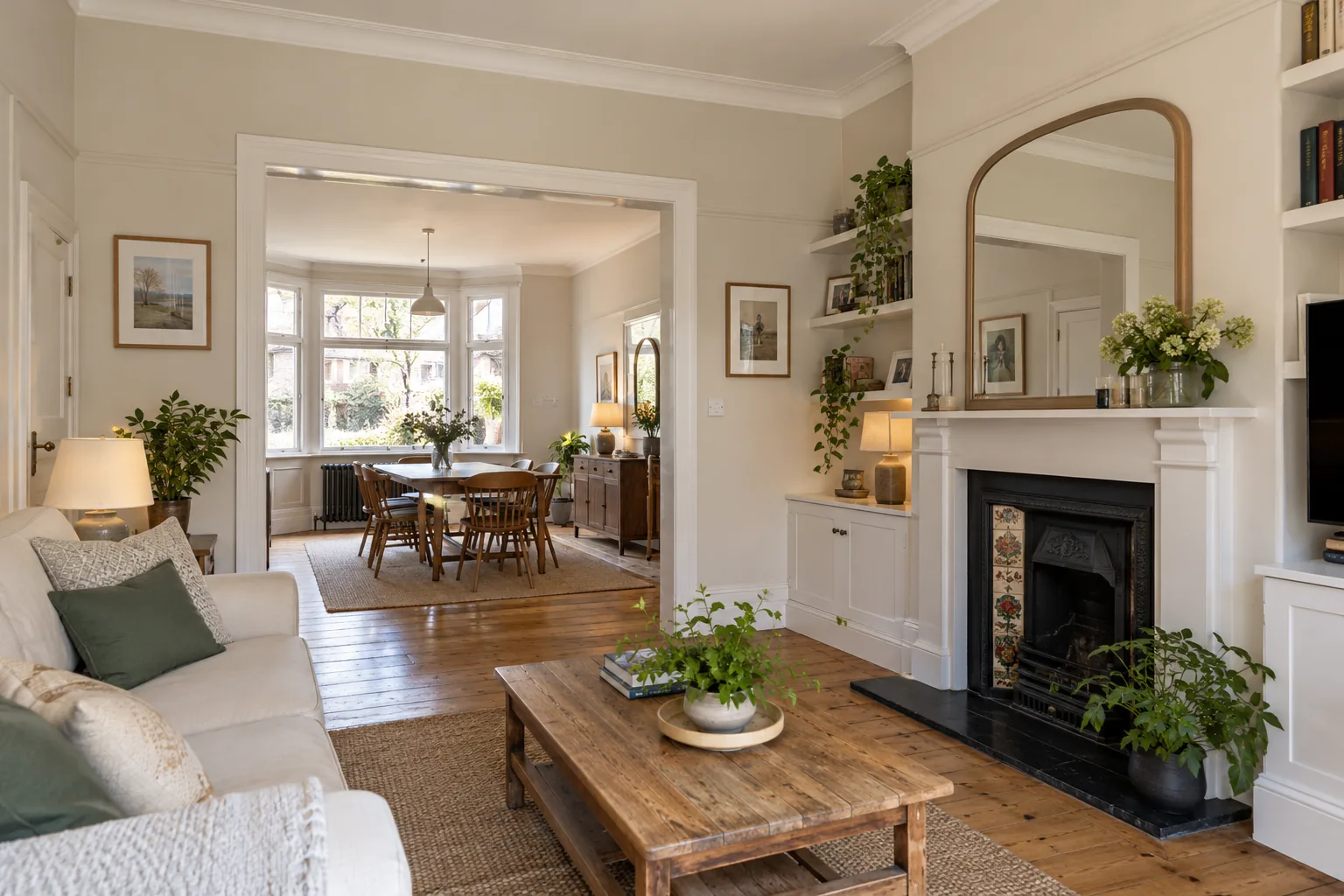 Redecorated period living room opening into a dining room, with a fireplace and bay window