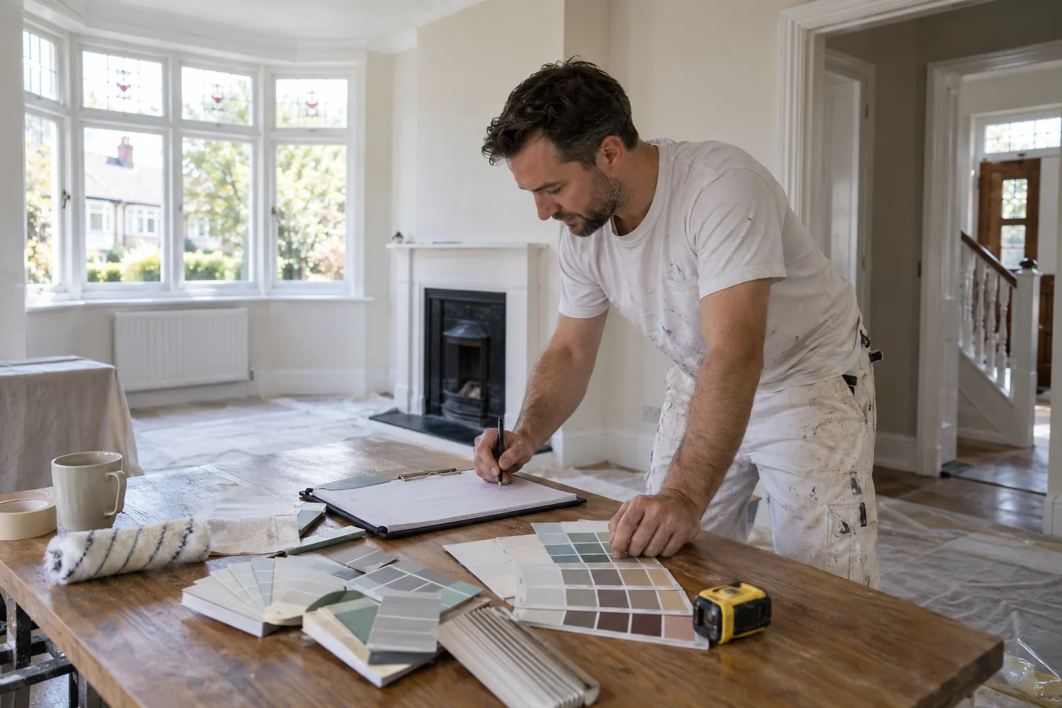 Decorator planning a whole-house colour schedule with paint swatches on a table, full property redecoration in Croydon