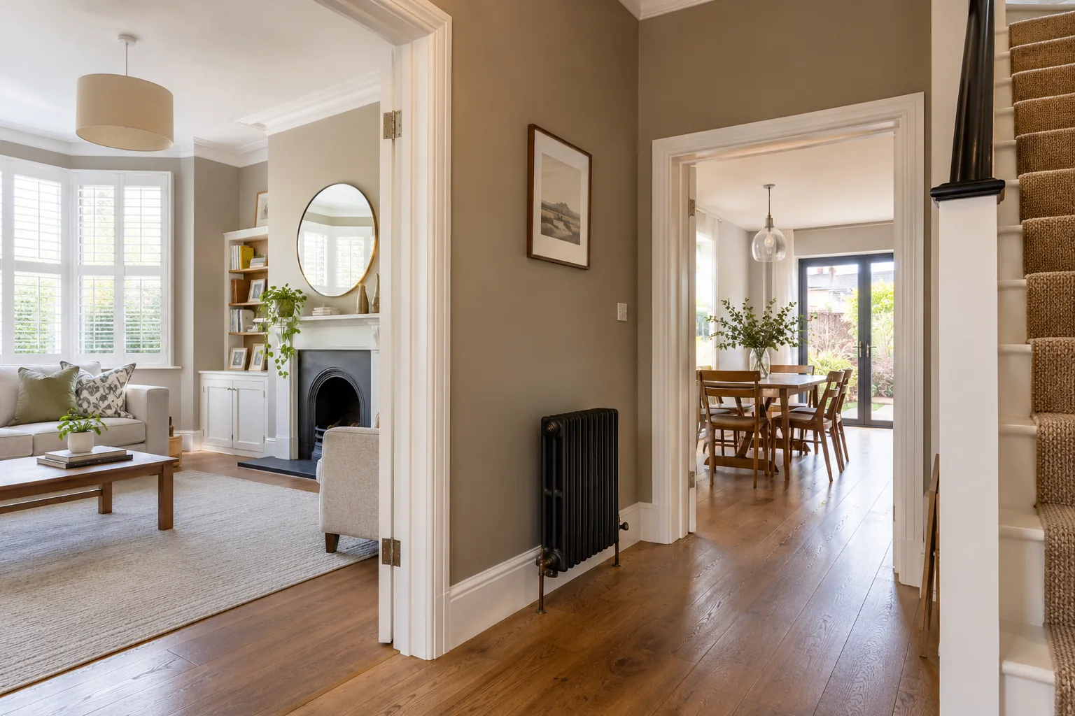 Living room with warm taupe walls opening into a dining room, decorated as one scheme