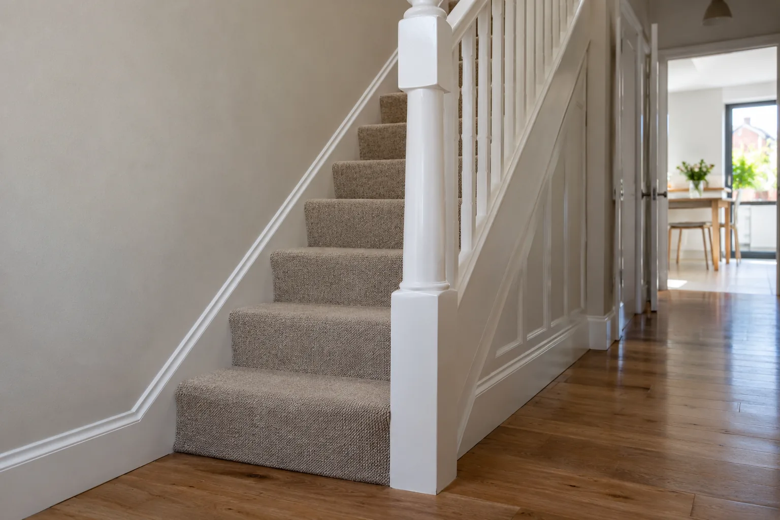 Finished staircase with a white balustrade and grey carpet, ready for handover