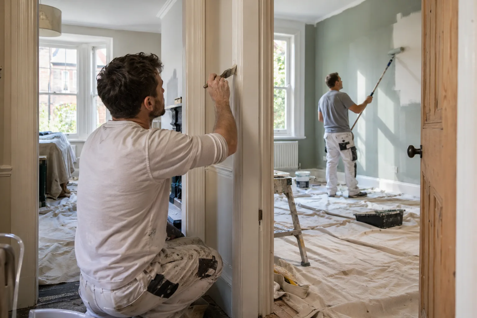 Two decorators working in adjoining rooms during a full property redecoration, full property redecoration by Decor-Plast serving Croydon