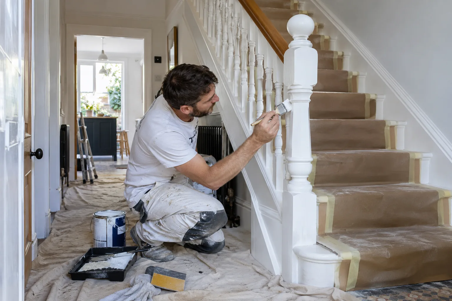 Decorator painting staircase spindles with the stair carpet protected, full property redecoration by Decor-Plast serving Croydon
