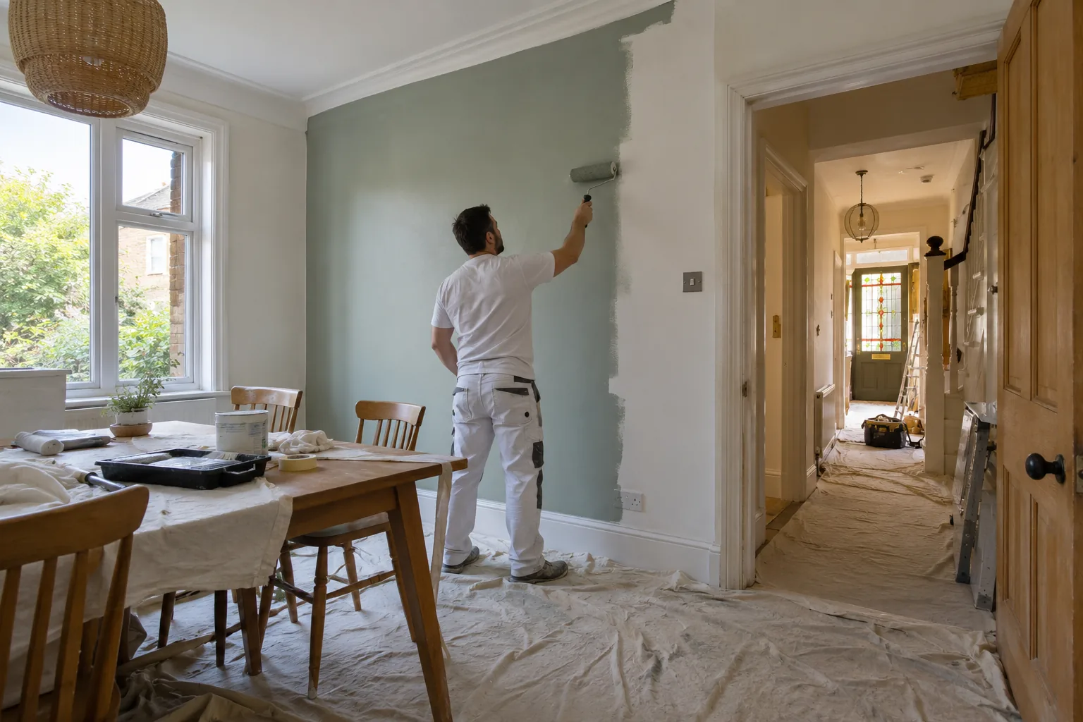 Decorator rolling sage green paint onto a dining room wall, full property redecoration by Decor-Plast serving Croydon