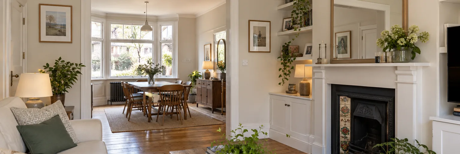 Redecorated period living room opening into a dining room, with a fireplace and bay window, full property redecoration in Croydon
